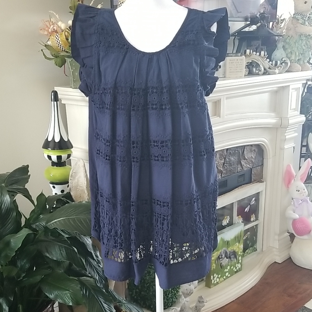 Cost Plus World Market Navy Blue Eyelet Ruffle Sleeve Tunic